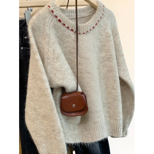 杏色圓領套頭軟糯毛衣女秋冬2025新款慵懶加厚內搭打底針織衫秋冬