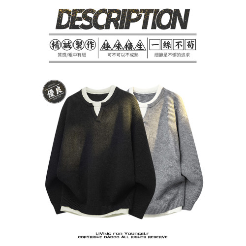 WOODSOON假兩件V圓領針織衫上衣秋冬新款寬松休閒男士慵懶風毛衣 WOODSOON假兩件V圓領針織衫上衣秋冬新款寬松休閒男士慵懶風毛衣