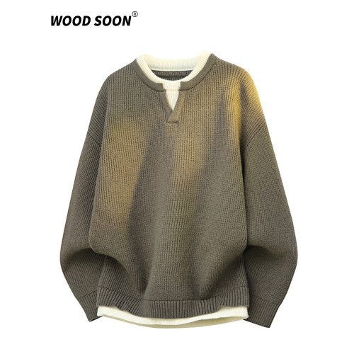 WOODSOON假兩件V圓領針織衫上衣秋冬新款寬松休閒男士慵懶風毛衣 WOODSOON假兩件V圓領針織衫上衣秋冬新款寬松休閒男士慵懶風毛衣