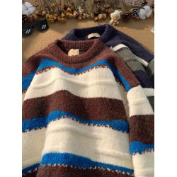 日系復古條紋森系毛衣男女冬季加厚潮牌慵懶風情侶內搭針織衫外套