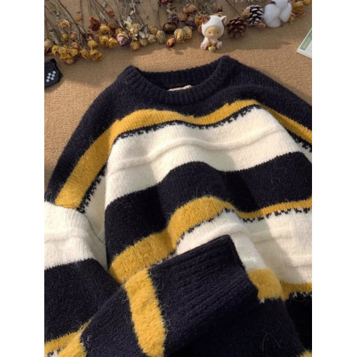 日系復古條紋森系毛衣男女冬季加厚潮牌慵懶風情侶內搭針織衫外套 日系復古條紋森系毛衣男女冬季加厚潮牌慵懶風情侶內搭針織衫外套