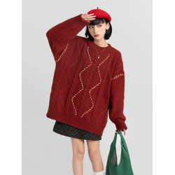 過年新年酒紅色麻花套頭毛衣女秋冬2025龍年本命龍年加厚冬季寬松