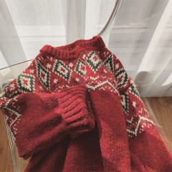 韓風復古費爾島毛衣女秋冬設計感紅色聖誕寬松慵懶加厚針織衫上衣