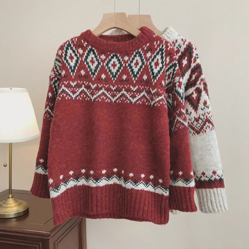 韓風復古費爾島毛衣女秋冬設計感紅色聖誕寬松慵懶加厚針織衫上衣
