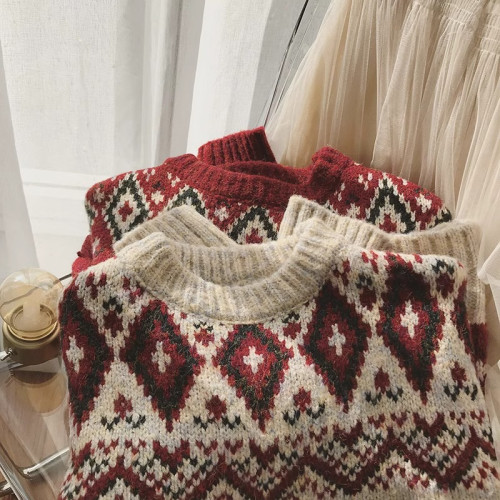 韓風復古費爾島毛衣女秋冬設計感紅色聖誕寬松慵懶加厚針織衫上衣