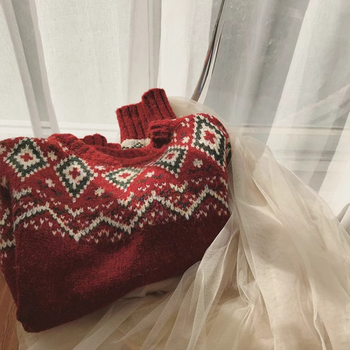 韓風復古費爾島毛衣女秋冬設計感紅色聖誕寬松慵懶加厚針織衫上衣