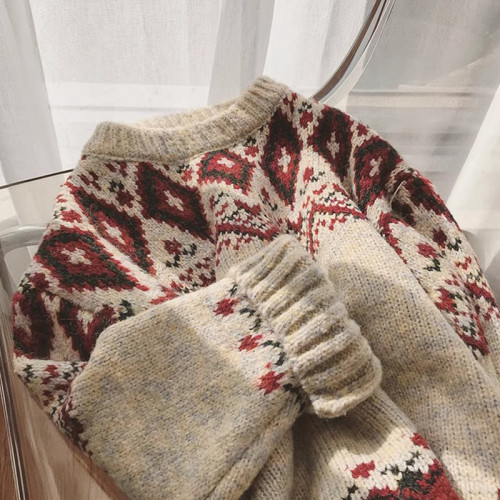 韓風復古費爾島毛衣女秋冬設計感紅色聖誕寬松慵懶加厚針織衫上衣