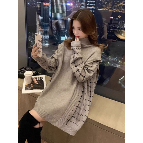 拼接假兩件高領毛衣裙女秋冬大碼女裝胖mm遮屁股中長款針織打底衫