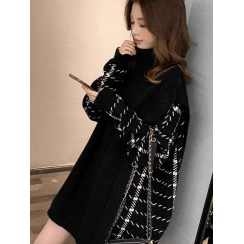 拼接假兩件高領毛衣裙女秋冬大碼女裝胖mm遮屁股中長款針織打底衫