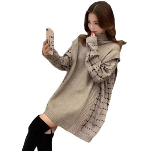 拼接假兩件高領毛衣裙女秋冬大碼女裝胖mm遮屁股中長款針織打底衫