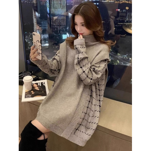 拼接假兩件高領毛衣裙女秋冬大碼女裝胖mm遮屁股中長款針織打底衫