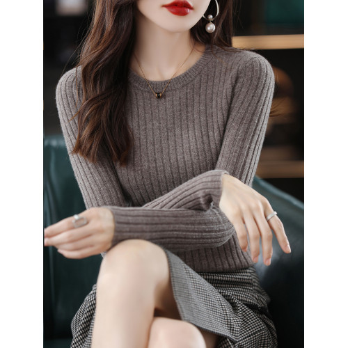 2025秋冬新款圓領毛衣女修身套頭針織衫長袖內搭黑色打底衫上衣