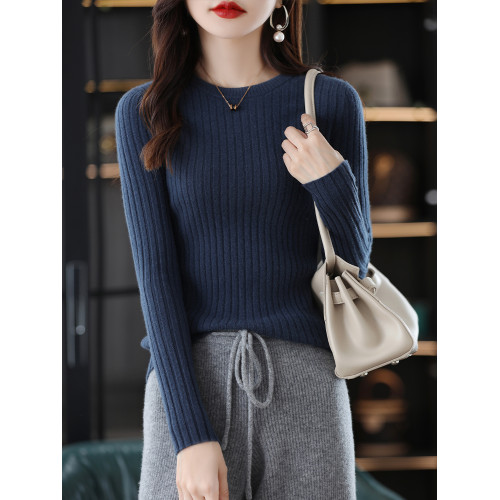 2025秋冬新款圓領毛衣女修身套頭針織衫長袖內搭黑色打底衫上衣