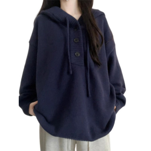 藍色連帽衛衣毛衣女秋冬季2025新款慵懶風高級感寬松韓系針織上衣