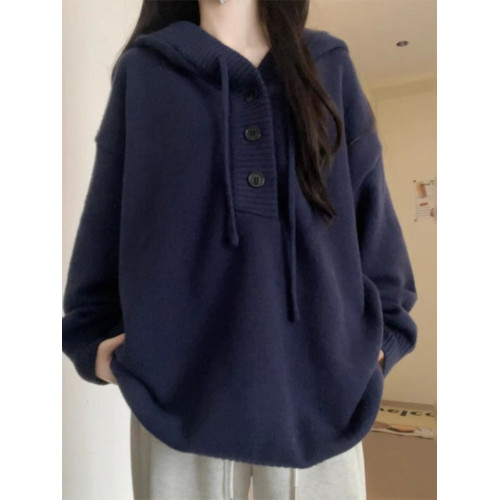 藍色連帽衛衣毛衣女秋冬季2025新款慵懶風高級感寬松韓系針織上衣