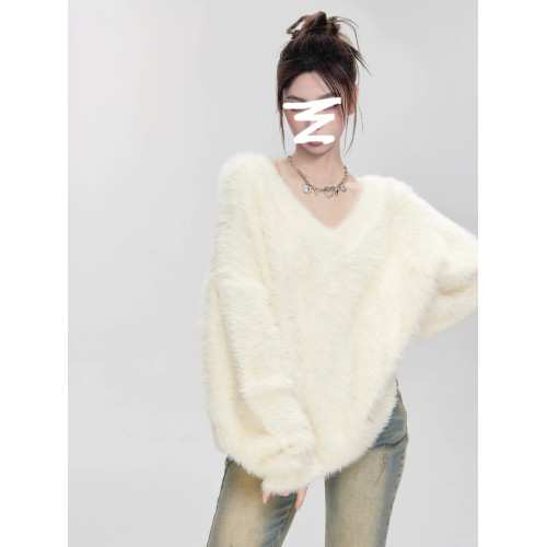 白色水貂絨V領套頭毛衣女秋冬季內搭軟糯慵懶風寬松馬海毛針織衫