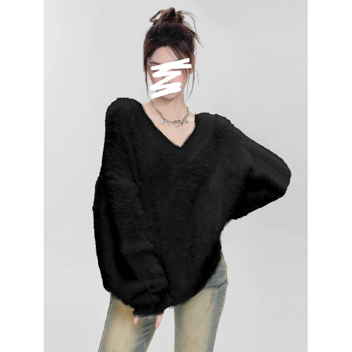 白色水貂絨V領套頭毛衣女秋冬季內搭軟糯慵懶風寬松馬海毛針織衫