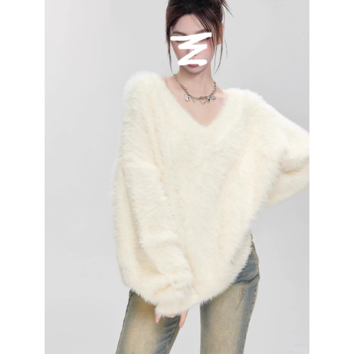 白色水貂絨V領套頭毛衣女秋冬季內搭軟糯慵懶風寬松馬海毛針織衫