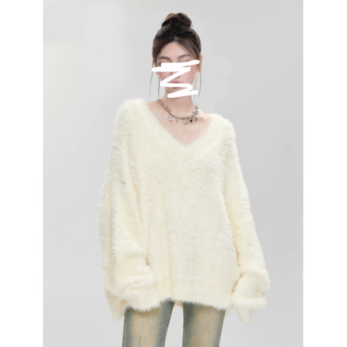 白色水貂絨V領套頭毛衣女秋冬季內搭軟糯慵懶風寬松馬海毛針織衫