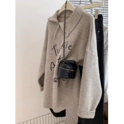 秋冬燕麥色polo領半拉鍊中長款毛衣女秋冬加厚外穿慵懶風小個子冬