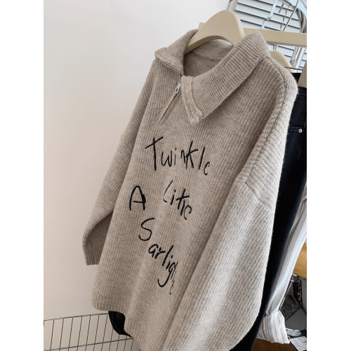 秋冬燕麥色polo領半拉鍊中長款毛衣女秋冬加厚外穿慵懶風小個子冬