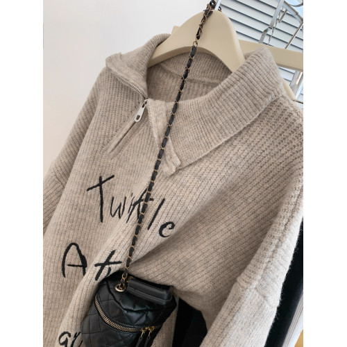 秋冬燕麥色polo領半拉鍊中長款毛衣女秋冬加厚外穿慵懶風小個子冬