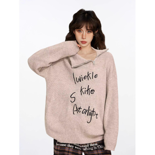 秋冬燕麥色polo領半拉鍊中長款毛衣女秋冬加厚外穿慵懶風小個子冬