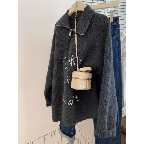 秋冬燕麥色polo領半拉鍊中長款毛衣女秋冬加厚外穿慵懶風小個子冬