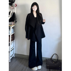 2025新款慵懶風韓系高級感黑色翻領針織開衫毛衣外套女秋冬小個子