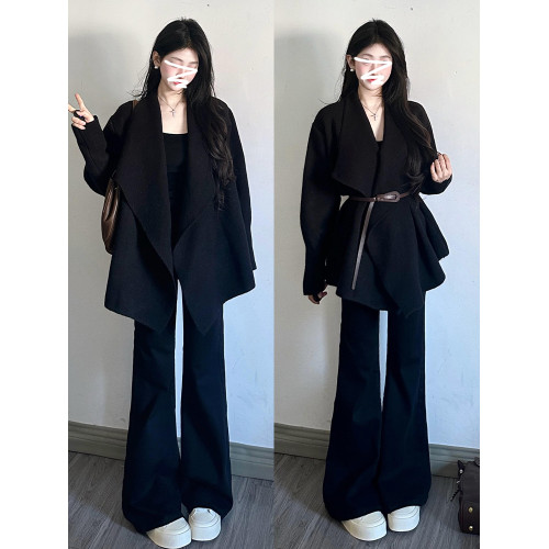 2025新款慵懶風韓系高級感黑色翻領針織開衫毛衣外套女秋冬小個子