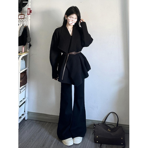 2025新款慵懶風韓系高級感黑色翻領針織開衫毛衣外套女秋冬小個子