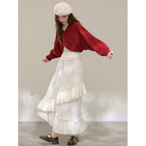 苗陌【復古情書】秋冬氣質新中式紅色短款毛衣外套女聖誕針織開衫