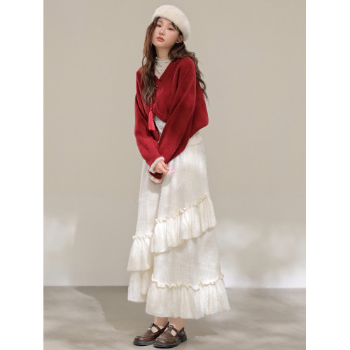 苗陌【復古情書】秋冬氣質新中式紅色短款毛衣外套女聖誕針織開衫