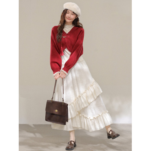 苗陌【復古情書】秋冬氣質新中式紅色短款毛衣外套女聖誕針織開衫