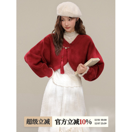 苗陌【復古情書】秋冬氣質新中式紅色短款毛衣外套女聖誕針織開衫