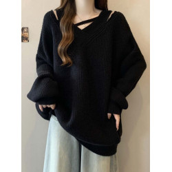 設計感鏤空露肩毛衣女春秋大碼胖mm下裝消失上衣慵懶風V領針織衫