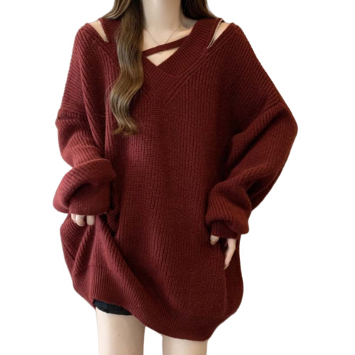 設計感鏤空露肩毛衣女春秋大碼胖mm下裝消失上衣慵懶風V領針織衫