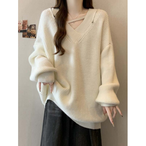 設計感鏤空露肩毛衣女春秋大碼胖mm下裝消失上衣慵懶風V領針織衫