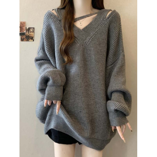 設計感鏤空露肩毛衣女春秋大碼胖mm下裝消失上衣慵懶風V領針織衫