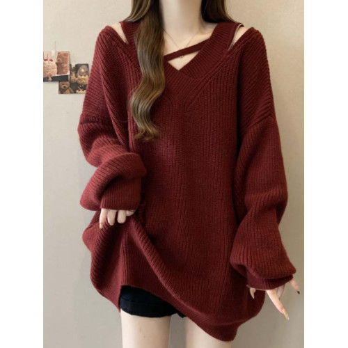 設計感鏤空露肩毛衣女春秋大碼胖mm下裝消失上衣慵懶風V領針織衫