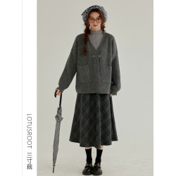 【三寸藕】冬季文藝慵懶風灰色針織毛衣外套氣質百搭軟糯加厚外搭