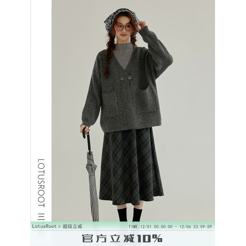 【三寸藕】冬季文藝慵懶風灰色針織毛衣外套氣質百搭軟糯加厚外搭