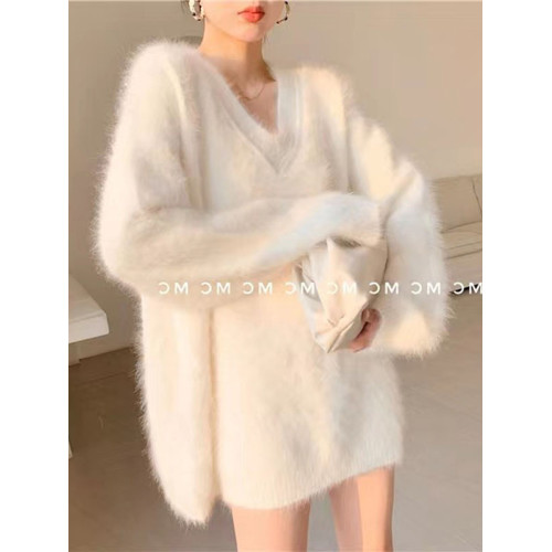 白色V領寬松毛衣女秋冬外穿軟糯水貂毛中長款毛絨慵懶學院風上衣