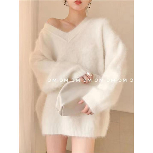 白色V領寬松毛衣女秋冬外穿軟糯水貂毛中長款毛絨慵懶學院風上衣