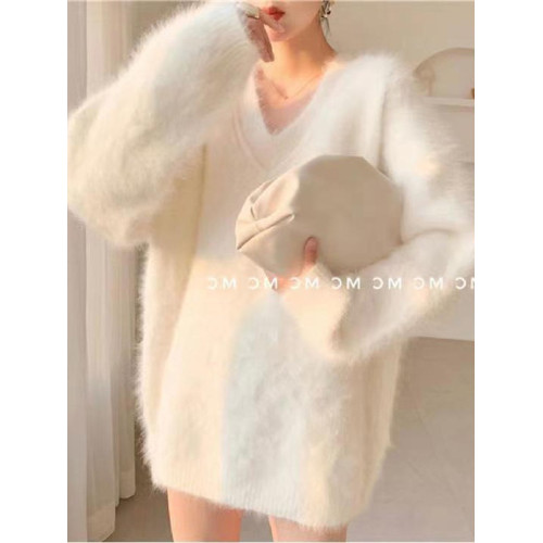 白色V領寬松毛衣女秋冬外穿軟糯水貂毛中長款毛絨慵懶學院風上衣