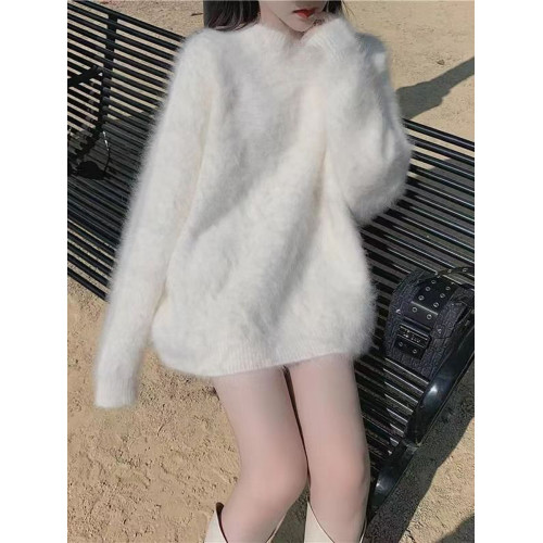 白色V領寬松毛衣女秋冬外穿軟糯水貂毛中長款毛絨慵懶學院風上衣