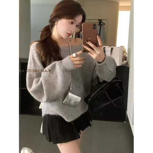 香芋紫斜肩軟糯針織衫女秋冬後背蝴蝶結綁帶毛衣寬松顯瘦慵懶上衣