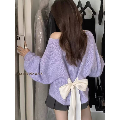 香芋紫斜肩軟糯針織衫女秋冬後背蝴蝶結綁帶毛衣寬松顯瘦慵懶上衣