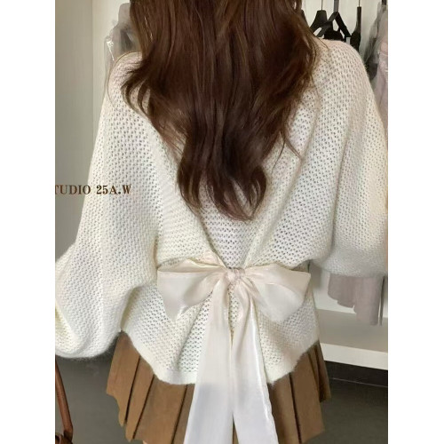 香芋紫斜肩軟糯針織衫女秋冬後背蝴蝶結綁帶毛衣寬松顯瘦慵懶上衣