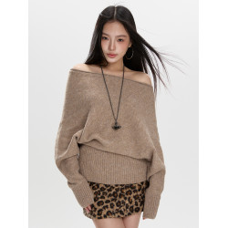 一字肩毛衣女秋冬2025新款寬松慵懶風蝙蝠袖上衣一字領內搭針織衫